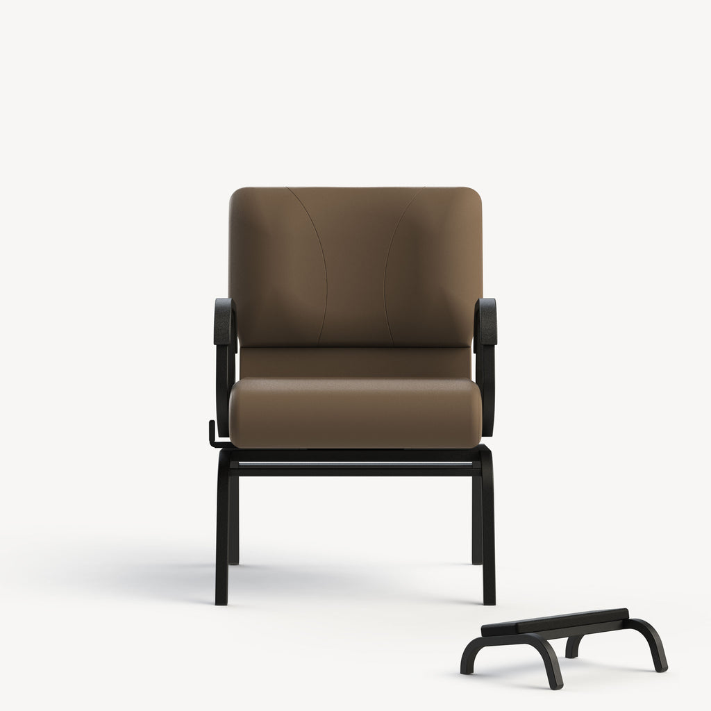 20 inch Parkinson’s chair with swivel and foot stool to support safer standing and caregiver assistance