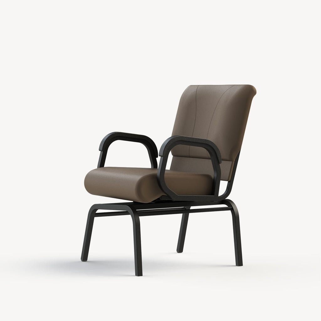 Swivel chair for Parkinson’s showing 90-degree rotation for easier transfers